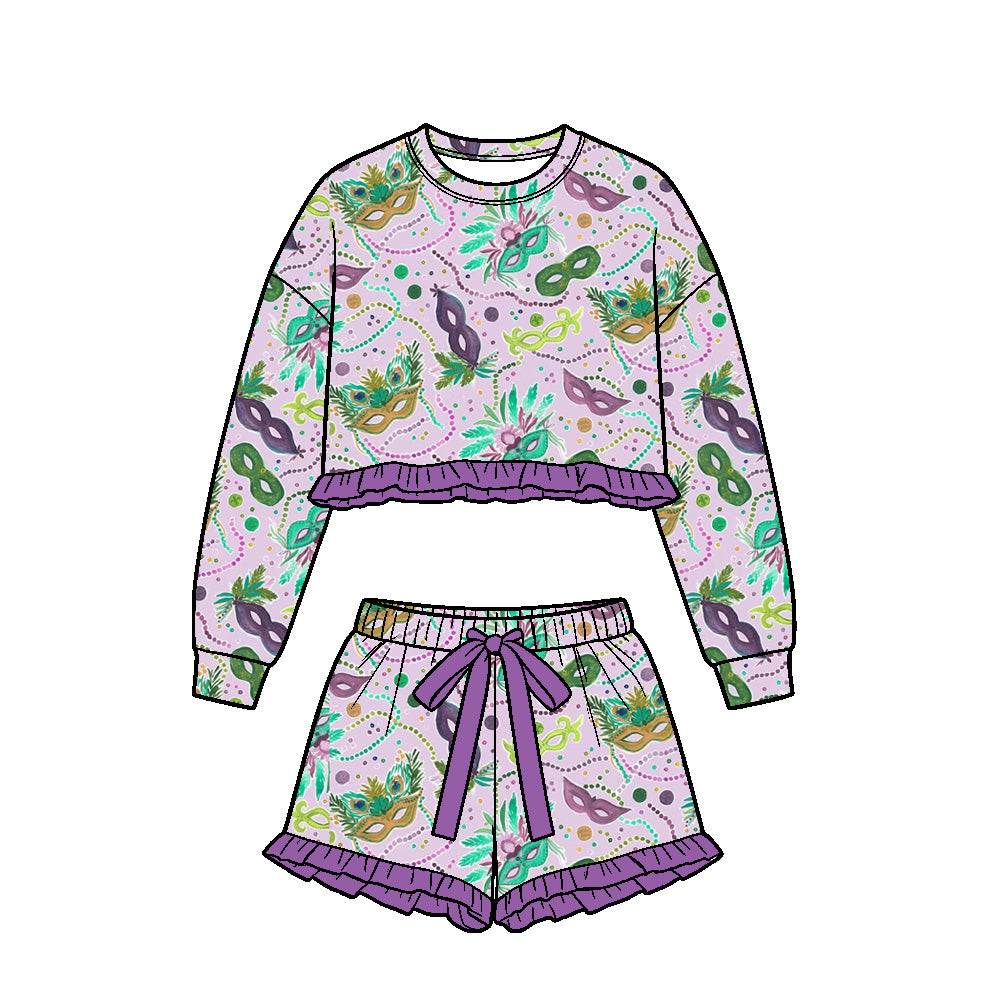 (Preorder new) No moq Baby Girls Ruffle Long Sleeve Crop Top And Ruffle Shorts Set