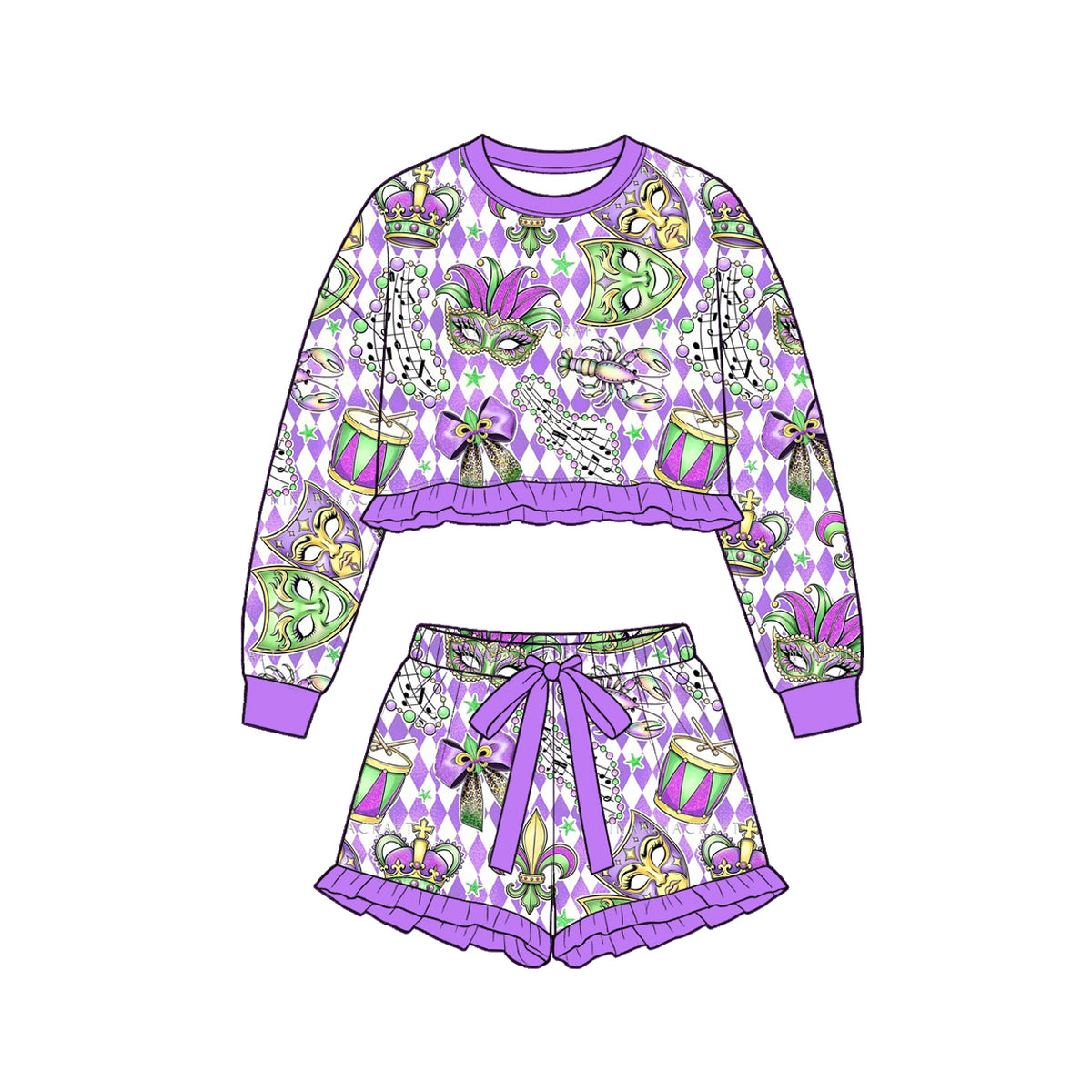 (Preorder new) No moq Baby Girls Ruffle Long Sleeve Crop Top And Ruffle Shorts Set