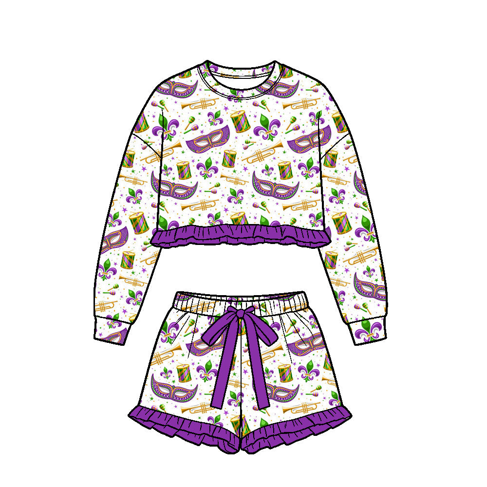(Preorder new) No moq Baby Girls Ruffle Long Sleeve Crop Top And Ruffle Shorts Set