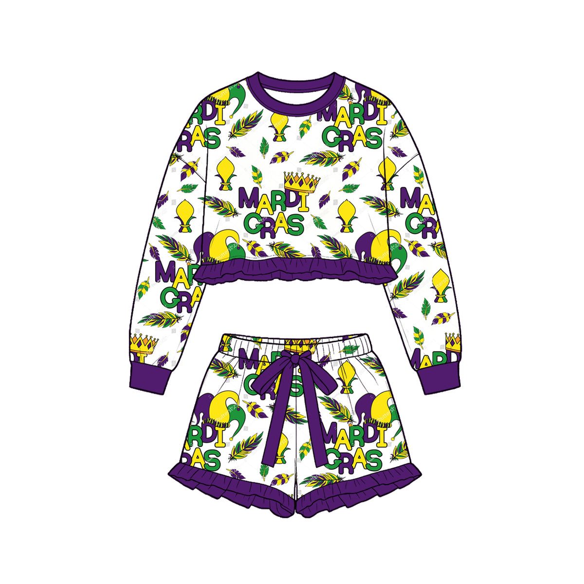 (Preorder new) No moq Baby Girls Ruffle Long Sleeve Crop Top And Ruffle Shorts Set