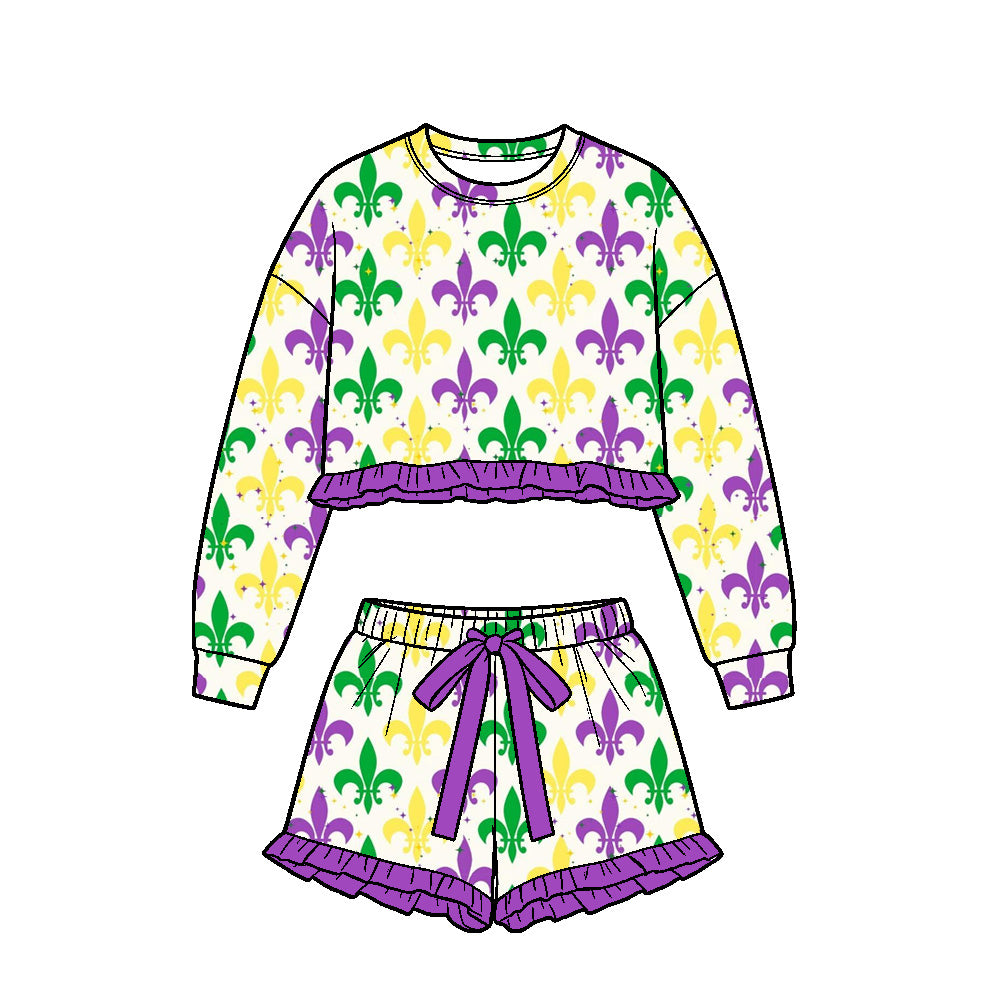 (Preorder new) No moq Baby Girls Ruffle Long Sleeve Crop Top And Ruffle Shorts Set