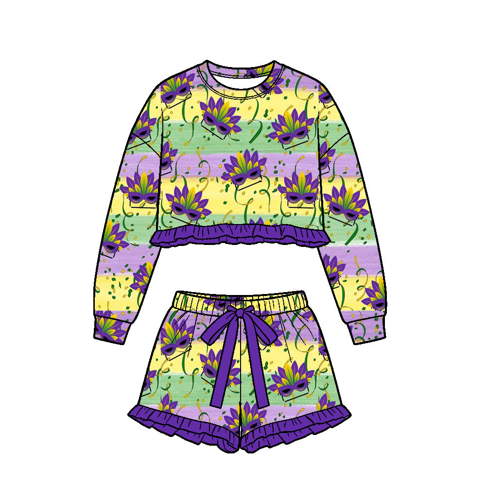 (Preorder new) No moq Baby Girls Ruffle Long Sleeve Crop Top And Ruffle Shorts Set