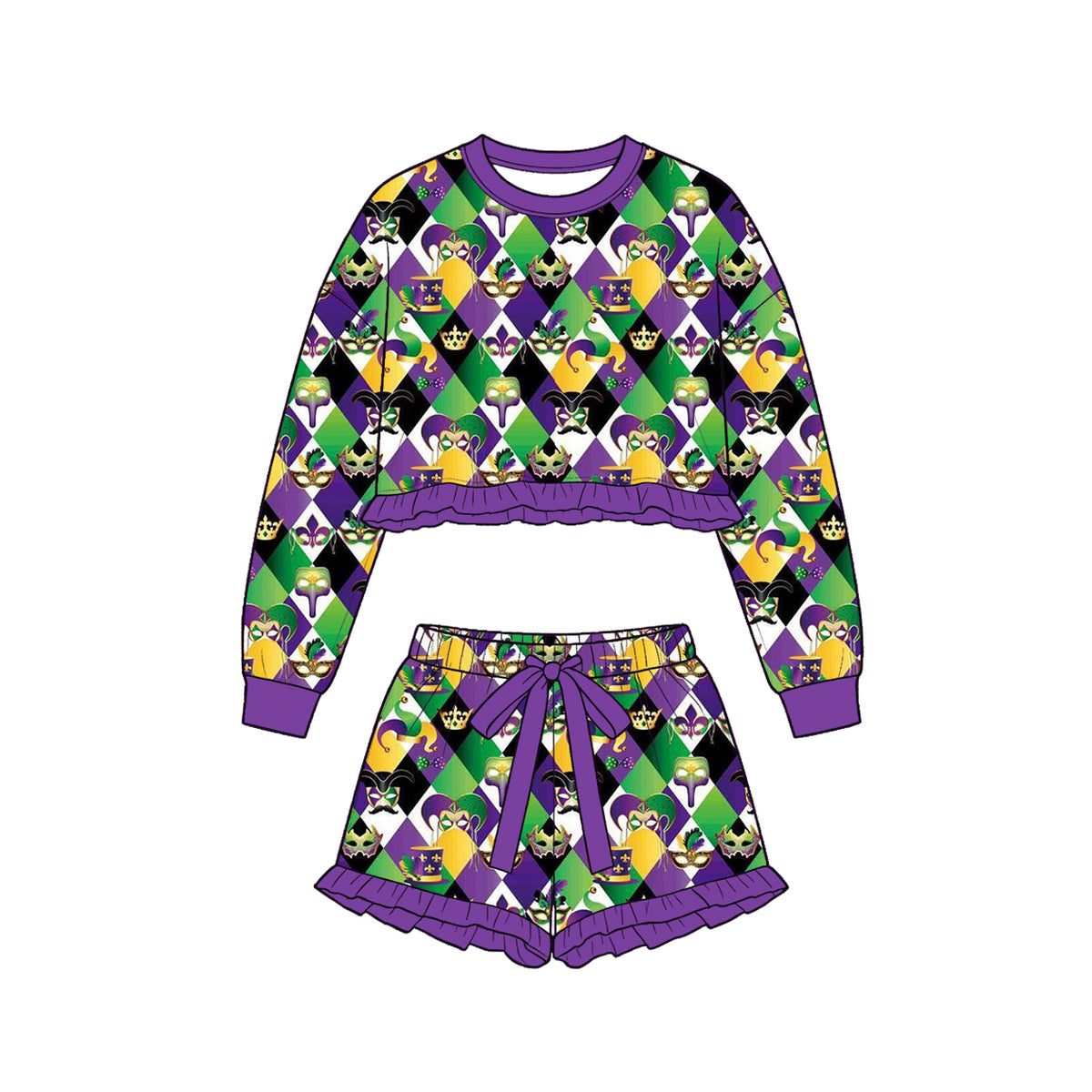 (Preorder new) No moq Baby Girls Ruffle Long Sleeve Crop Top And Ruffle Shorts Set