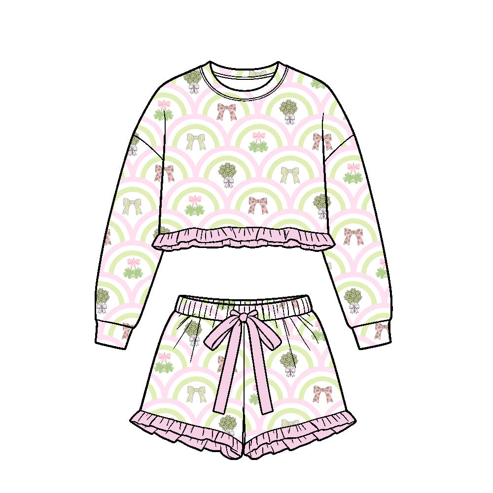 (Preorder new) No moq Baby Girls Ruffle Long Sleeve Crop Top And Ruffle Shorts Set