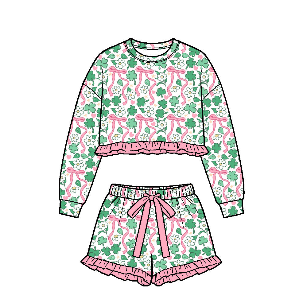 (Preorder new) No moq Baby Girls Ruffle Long Sleeve Crop Top And Ruffle Shorts Set