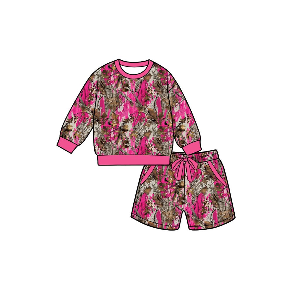 (Preorder new) No moq Adult To Match Kids Pink Camo Print Long Sleeve Top And Shorts Matching Outfit Set