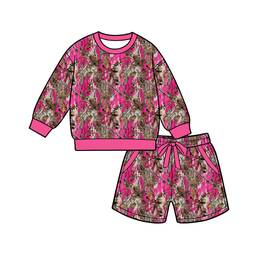 (Preorder new) No moq Adult To Match Kids Pink Camo Print Long Sleeve Top And Shorts Matching Outfit Set