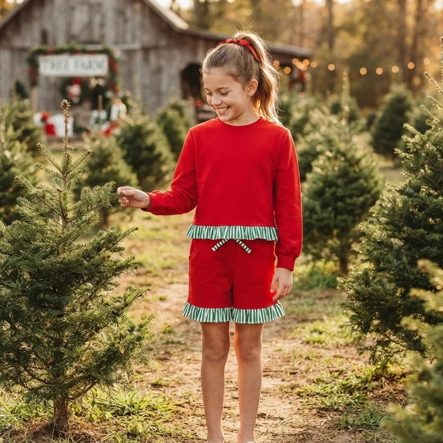 RTS NO MOQ （In stock）cotton GLS0269（GT1935+SS0997）Baby Girls Red Green Stripe Shirts Elastic Waist Pockets Ruffle Short Clothes Set