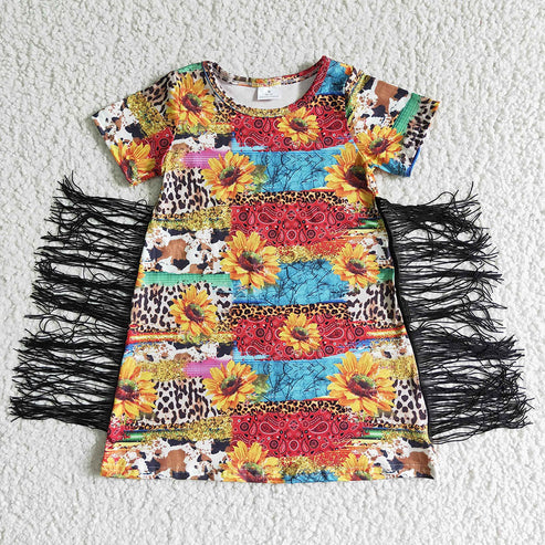 9.18 RTS Sibling Baby Girls Short Sleeves Flowers Cows Tassel Knee Length Dresses