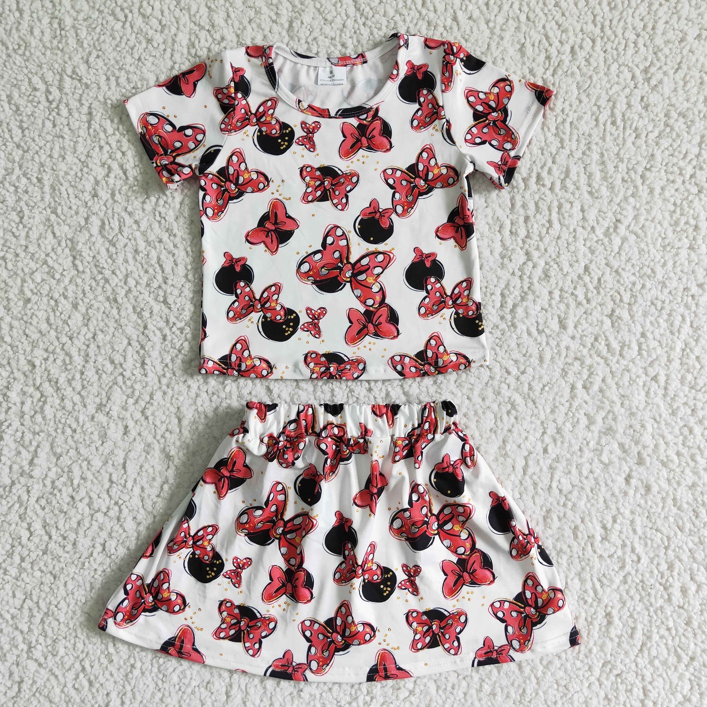GSD0067 Sales New RTS NO MOQ Clearance Short sleeve bow shirt skirt bow print girls outfits