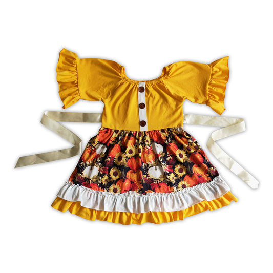 GSD0144 Yellow short-sleeved dress with pumpkin flower belt