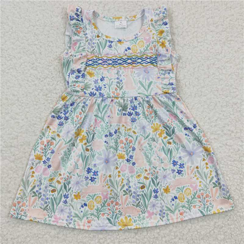 4.22 RTS NO MOQ Baby Girls Floral Embroidery Dress with Rabbit Ear Design And Flutter Sleeves Cute Children's Clothing for Girls