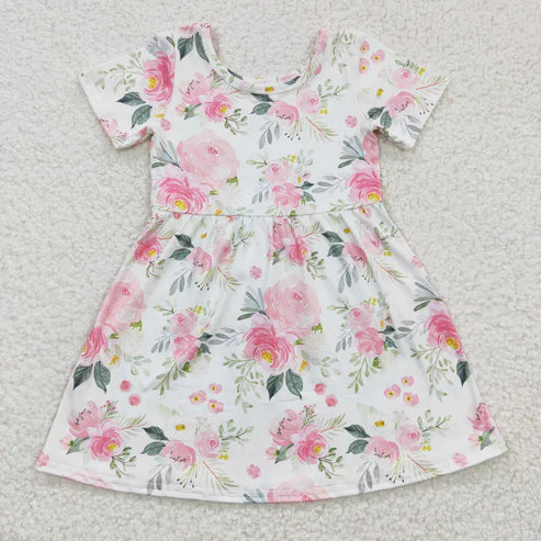 10.31 RST Sibling Baby Girls Flowers Checked Ruffle Knee Length Dresses