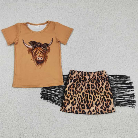 USA Warehouse (IN STOCK)GSD0301 Girls Highland Cow Shirt Leopard Tassels Skirt Set Cute Animal Print Outfit for Kids