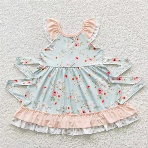 11.4 RST Sibling Baby Girls Flowers Plaid Button Pockets Ruffle Knee Length Dresses