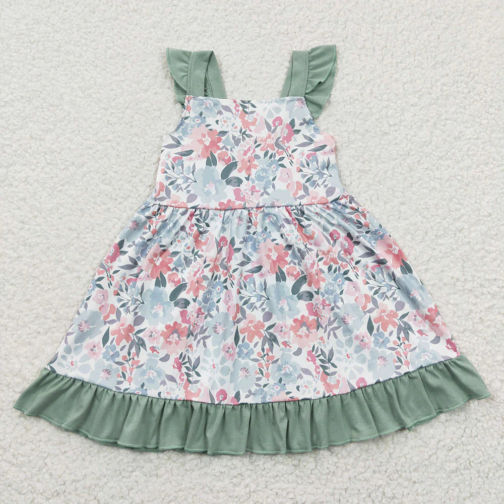 12.23 RTS Sibling Baby Girls Green Floral Dresses Outfits Clothes Sets