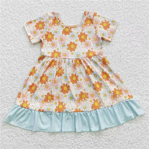 10.31 RST Sibling Baby Girls Flowers Checked Ruffle Knee Length Dresses