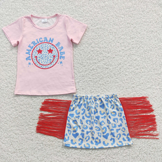GSD0339 Sales New RTS No Moq Promotion American babe leoopard tassels skirt girls 4th of july clothes