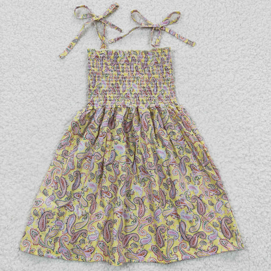 1.24 GSD0372 RTS No Moq Promotion Baby Girls Summer Dress Baby Girls Paisley yellow Elastic Knee Length Dresses