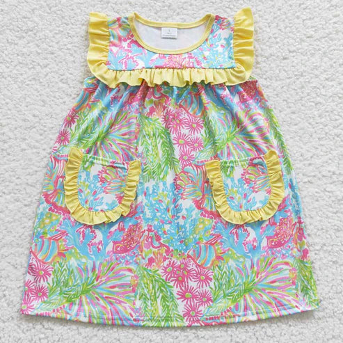 10.31 RST Sibling Baby Girls Flowers Checked Ruffle Knee Length Dresses