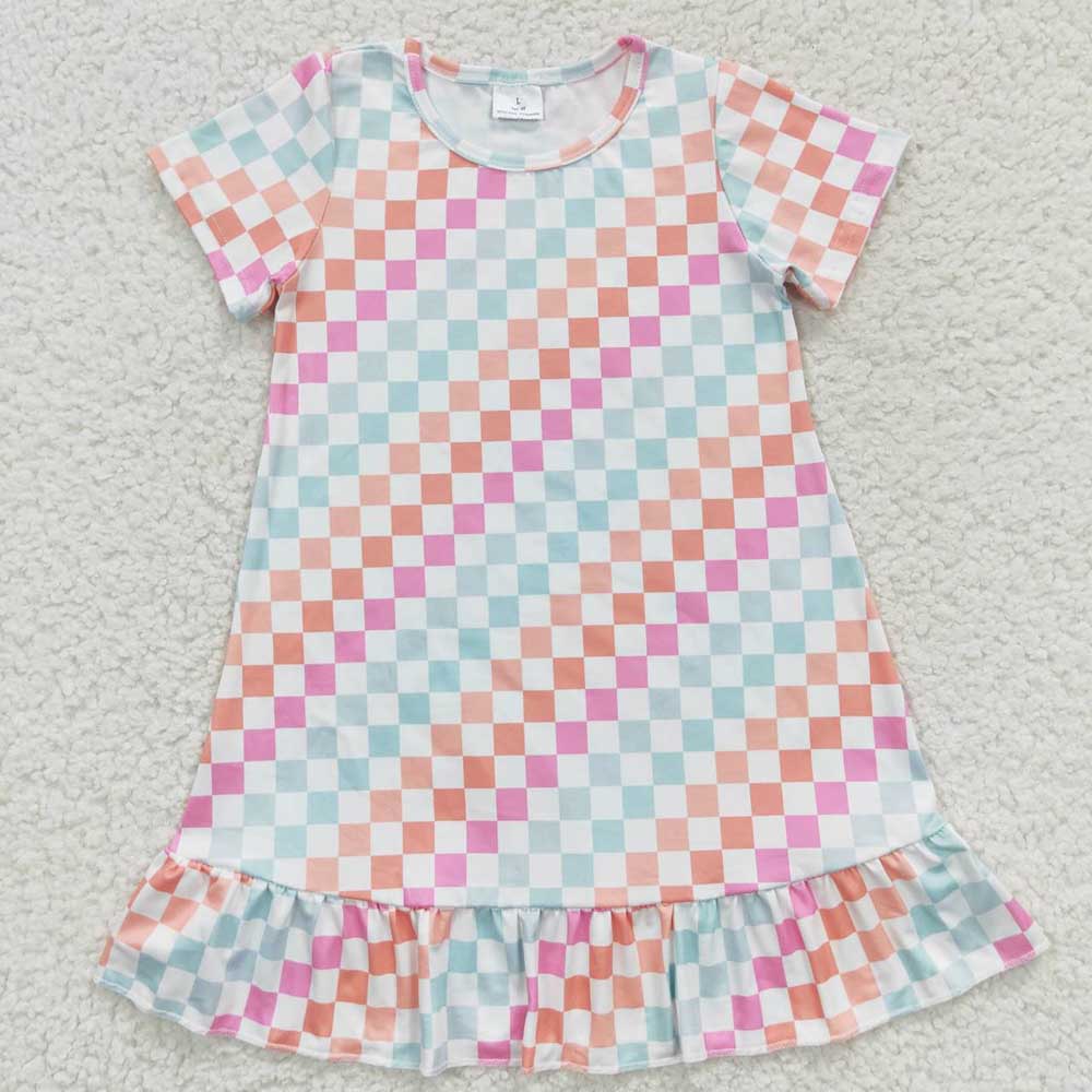 11.29 RTS Sibling Baby Girls Flowers Checkered Short Sleeve Knee Length Dresses