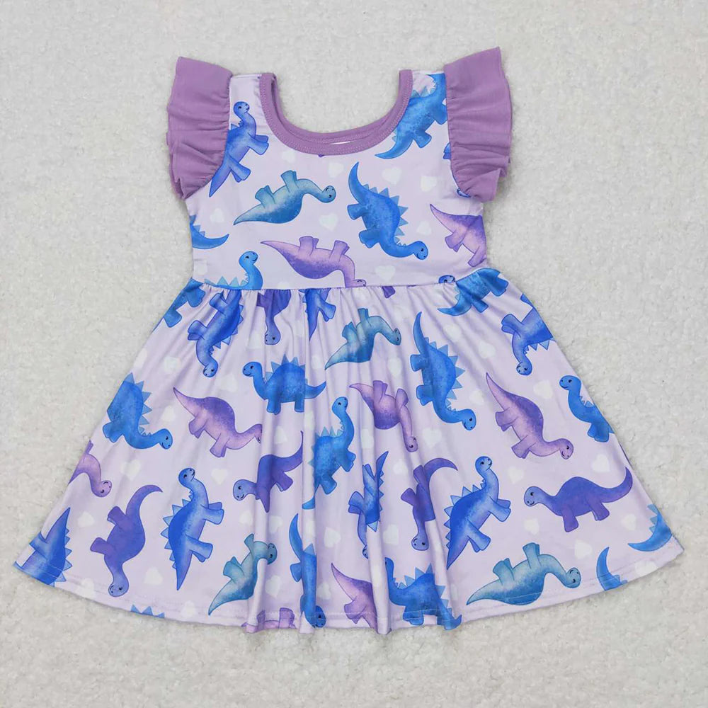 1.17 RTS Sibling Baby Girls Purple Dinosaur Dresses Clothes Sets