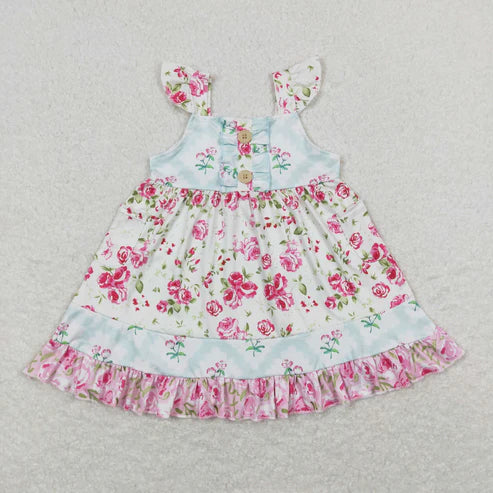 11.4 RST Sibling Baby Girls Flowers Plaid Button Pockets Ruffle Knee Length Dresses