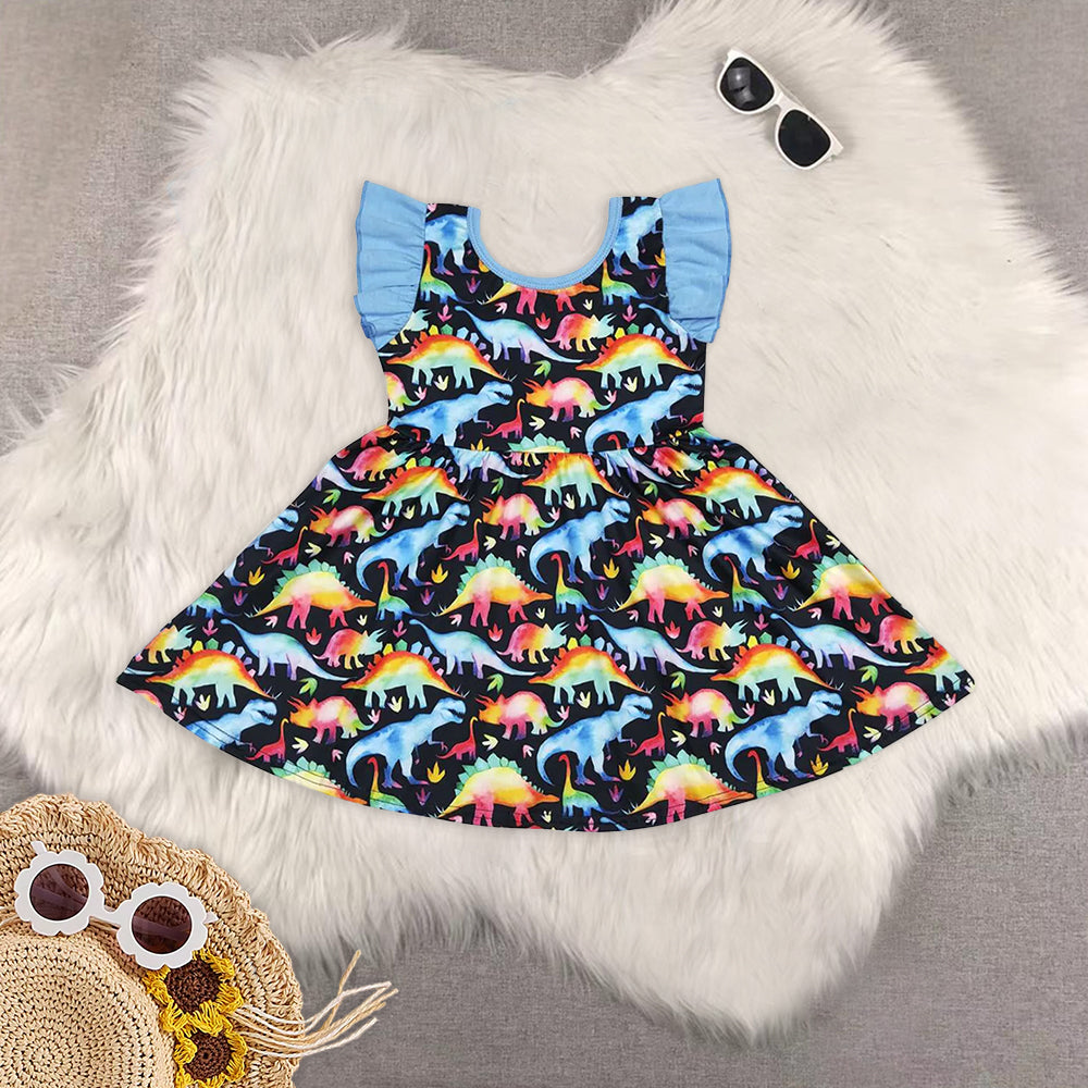 8.01   Sibling Blue flutter sleeves dinosaur kids girls dresses rompers