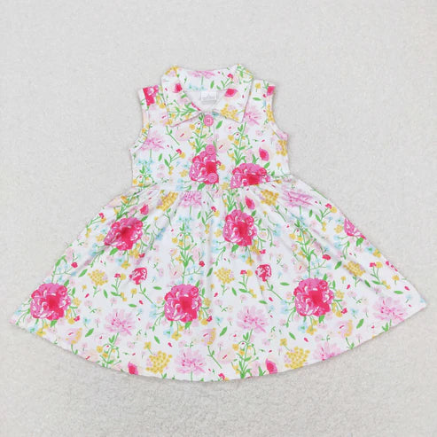 11.4 RST Sibling Baby Girls Flowers Plaid Button Pockets Ruffle Knee Length Dresses