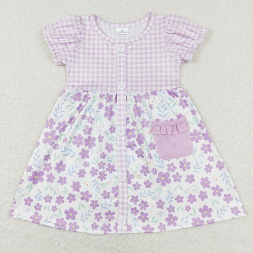 11.4 RST Sibling Baby Girls Flowers Plaid Button Pockets Ruffle Knee Length Dresses