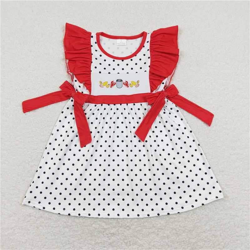 4.26 RTS NO MOQ Girls Polka Dots Crawfish Tunic Ruffle Shorts Outfit Set Cute Feminine Style Children's Clothing Set