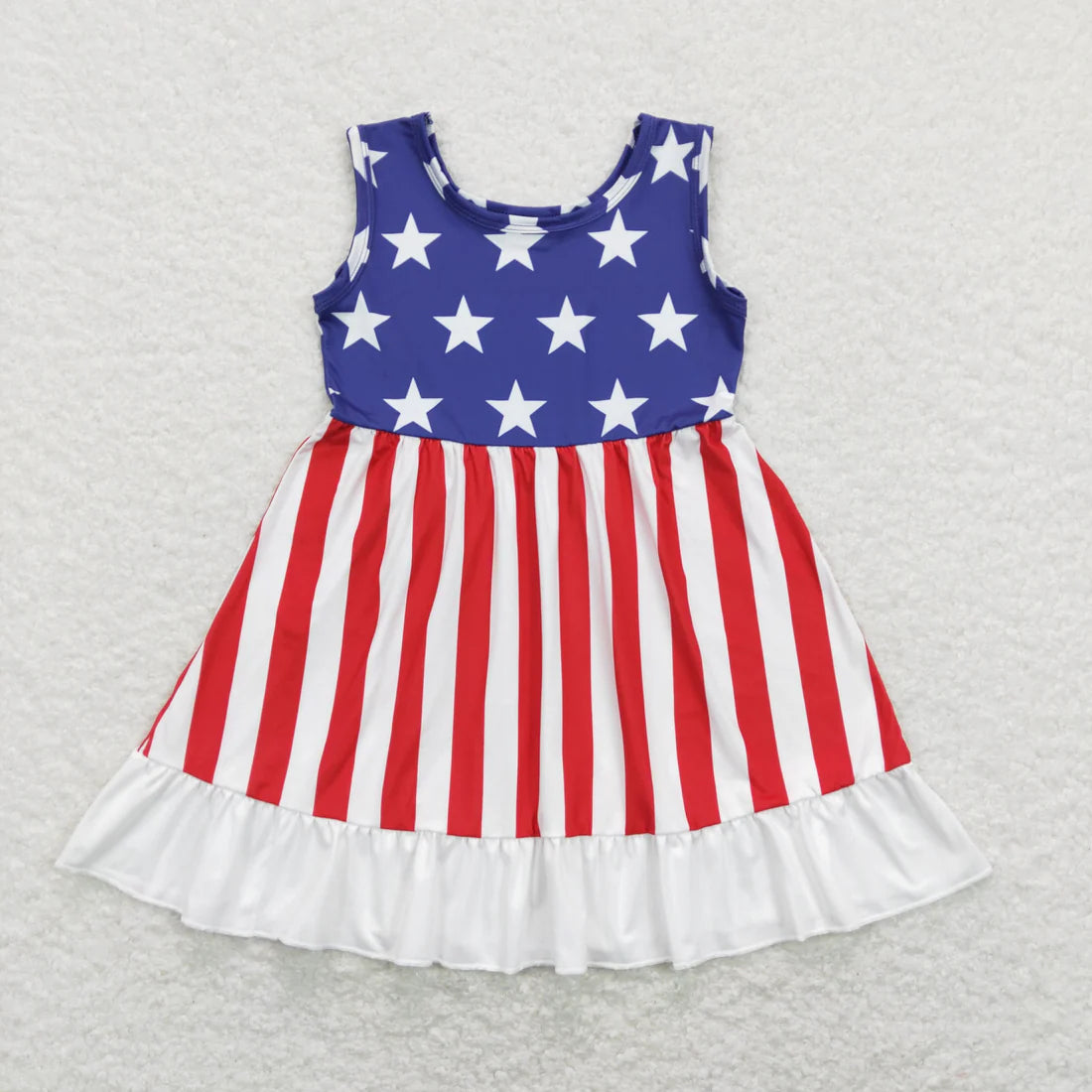 3.18 RTS Sibling Baby Girls Sleeveless Bows Stars 4th of July Ruffle Knee Length Dresses
