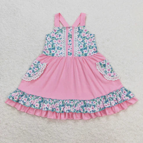 10.29 RST Sibling Baby Girls Strap Flowers Plaid Ruffle Knee Length Dresses