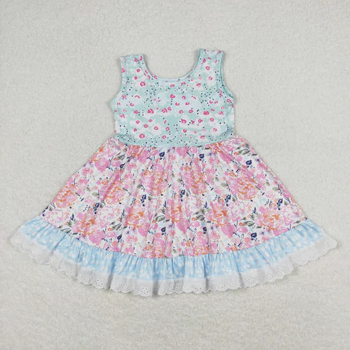 11.4 RST Sibling Baby Girls Flowers Plaid Button Pockets Ruffle Knee Length Dresses