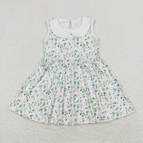11.4 RST Sibling Baby Girls Flowers Plaid Button Pockets Ruffle Knee Length Dresses