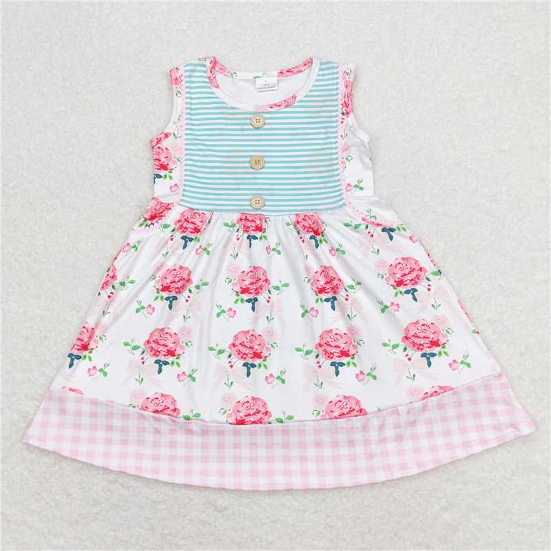 GSD0886Baby Girls Sleeveless Pink Floral Ruffle Knee Length Dresses
