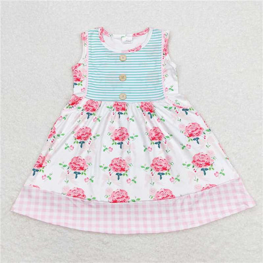 GSD0886Baby Girls Sleeveless Pink Floral Ruffle Knee Length Dresses