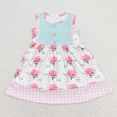 11.4 RST Sibling Baby Girls Flowers Plaid Button Pockets Ruffle Knee Length Dresses