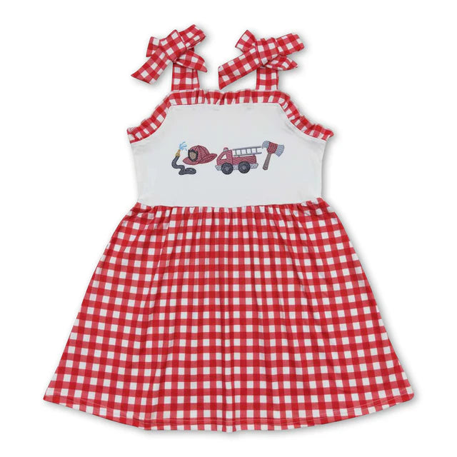 RTS Sibling Red plaid straps fire truck girls summer dresses and romper