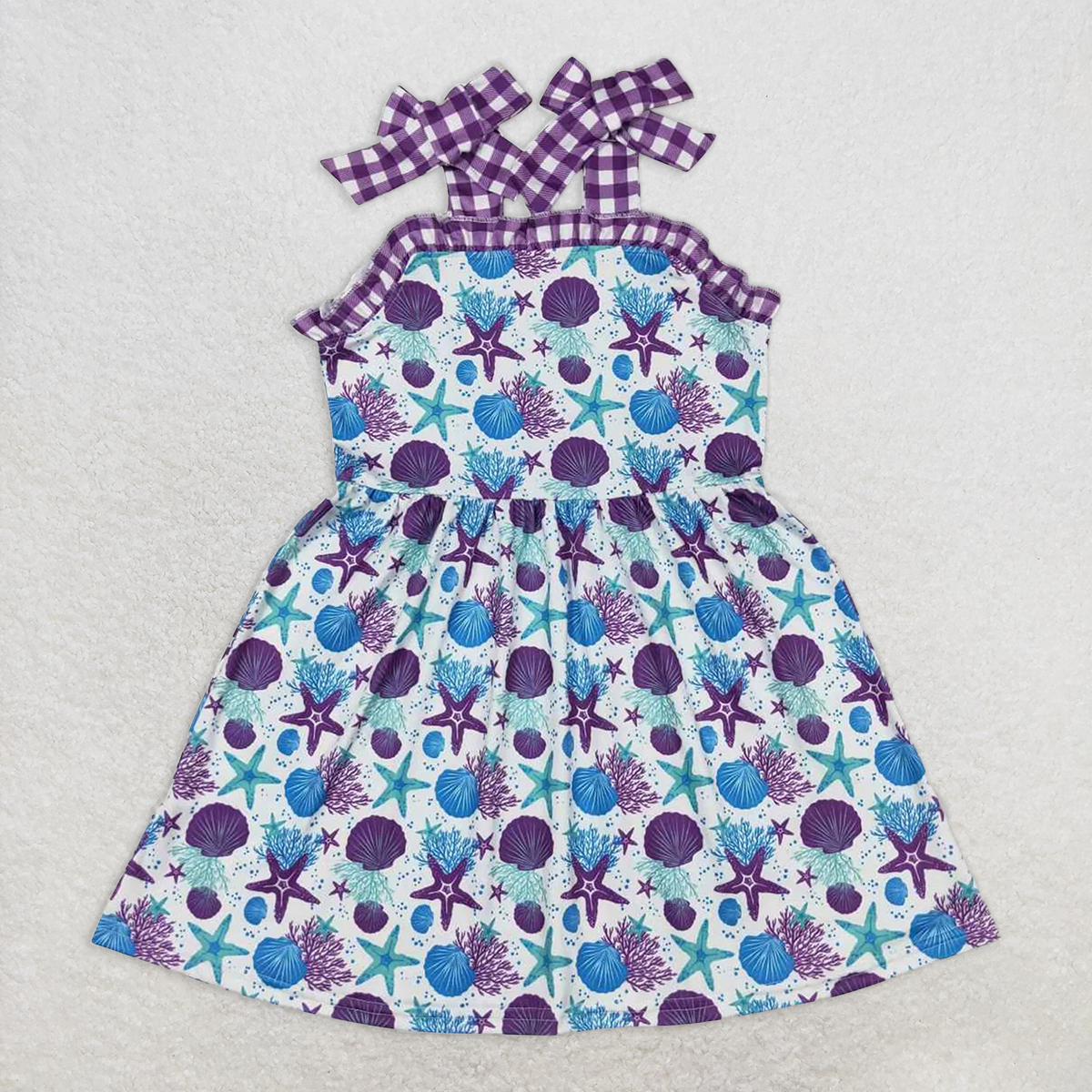 8.25 RTS NO MOQ Purple straps starfish tunic shorts sea girls summer clothes dress rompers