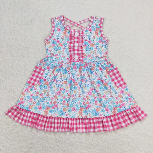 11.4 RST Sibling Baby Girls Flowers Plaid Button Pockets Ruffle Knee Length Dresses