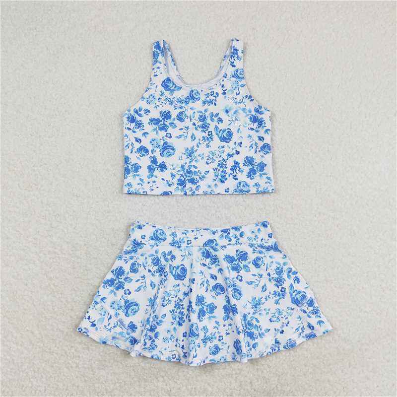 USA Warehouse (IN STOCK) GSD0995 Baby Girls Summer Blue Flowers Top And Skirt Set Active Wear Outfit Clothes Set for Little Girls