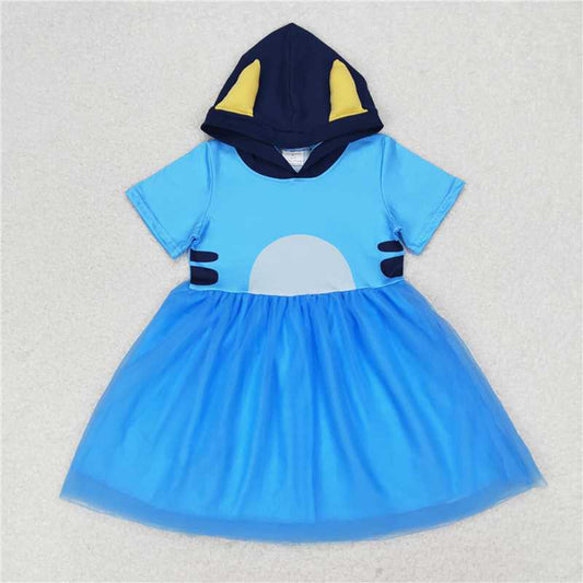 5.16 GSD0997 RTS NO MOQ Short sleeves blue dog tulle girls hooded dress