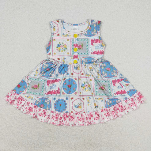 10.30 RST Sibling Baby Girls Sleeveless Flowers Pockets Ruffle Knee Length Dresses
