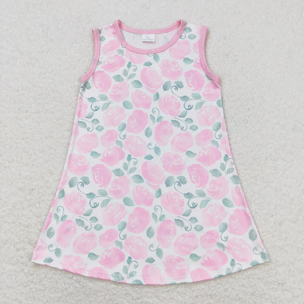 12.23 RTS Sibling Baby Girls Pink Flowers Dresses Summer Outfits Sets