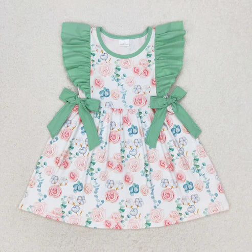 11.4 RST Sibling Baby Girls Sleeveless Flutter Sleeve Bows Flowers Plaid Knee Length Dresses