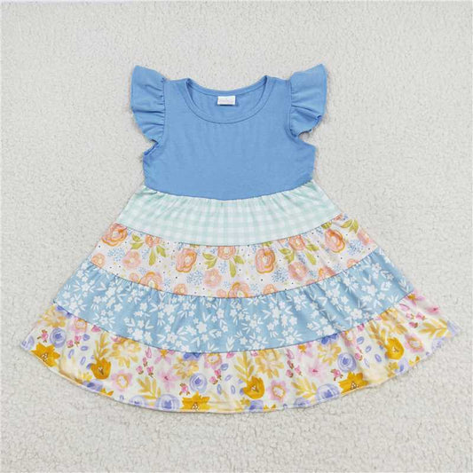 GSD1073 Flower stitching blue flying sleeve dress