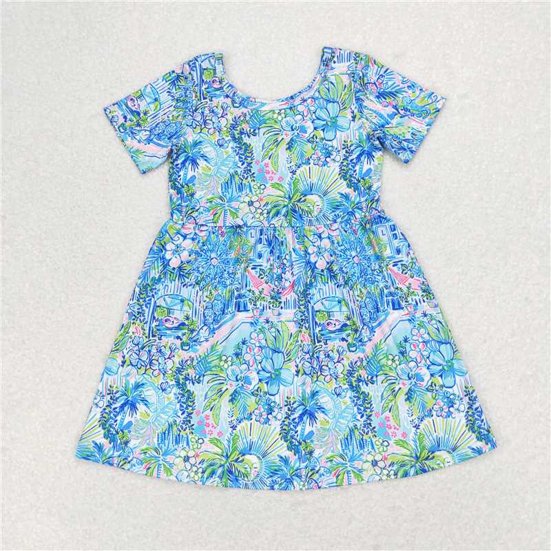 8.11  RTS NO MOQ Baby Girls Summer Dress  Sibling Baby Girls Sea Flowers Short Sleeve Knee Length Dresses