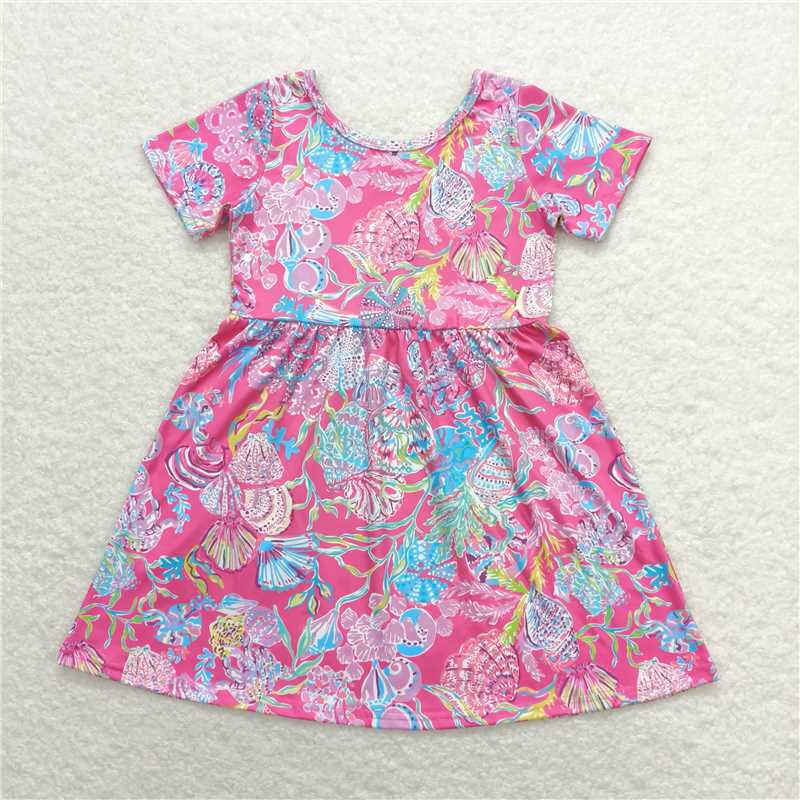 8.11  RTS NO MOQ Baby Girls Summer Dress  Sibling Baby Girls Sea Flowers Short Sleeve Knee Length Dresses