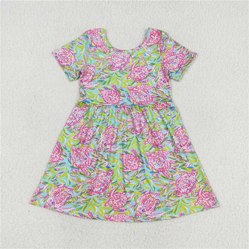 8.11  RTS NO MOQ Baby Girls Summer Dress  Sibling Baby Girls Sea Flowers Short Sleeve Knee Length Dresses